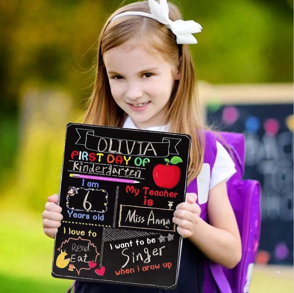 Wooden first day of school blackboard with modern design measuring 255mm by 300mm