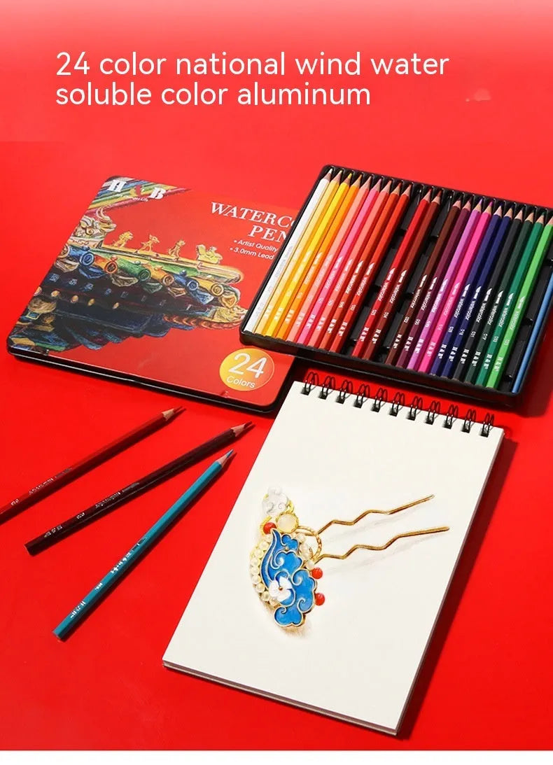 Water-soluble coloured pencil set with 24 wooden pencils in a flat iron storage box.