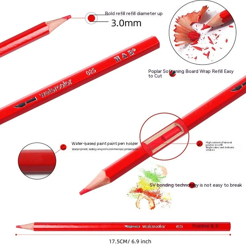 Water-soluble coloured pencil set with 24 wooden pencils in a flat iron storage box.