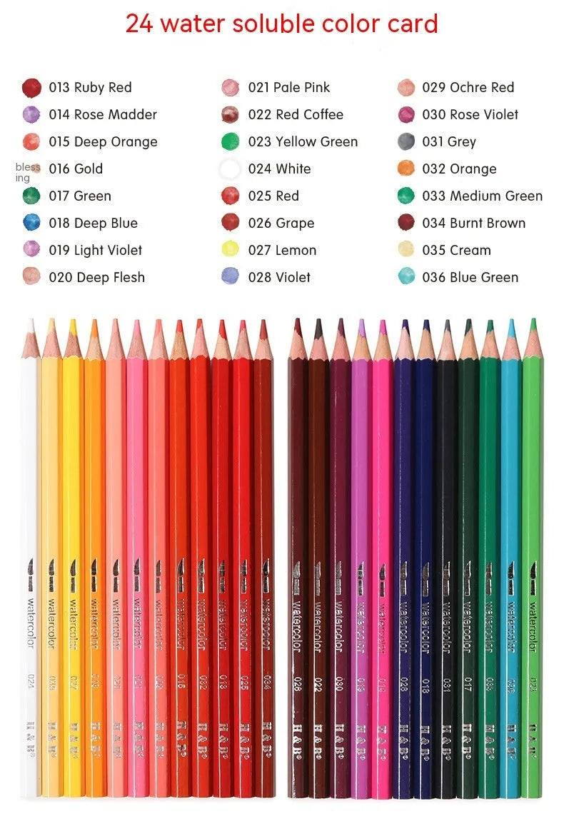 Water-soluble coloured pencil set with 24 wooden pencils in a flat iron storage box.