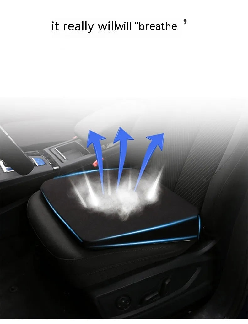 Black car seat cushion measuring approximately 42x39cm with 6cm thickness for height improvement