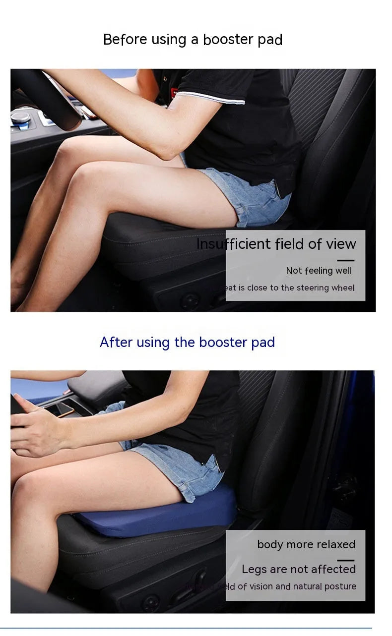 Black car seat cushion measuring approximately 42x39cm with 6cm thickness for height improvement