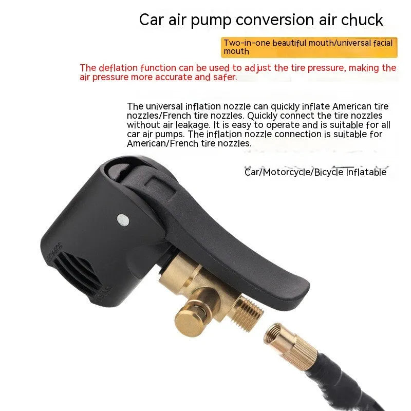 Vehicle air inflator with USB charging port, two clarinet connectors, and included hose