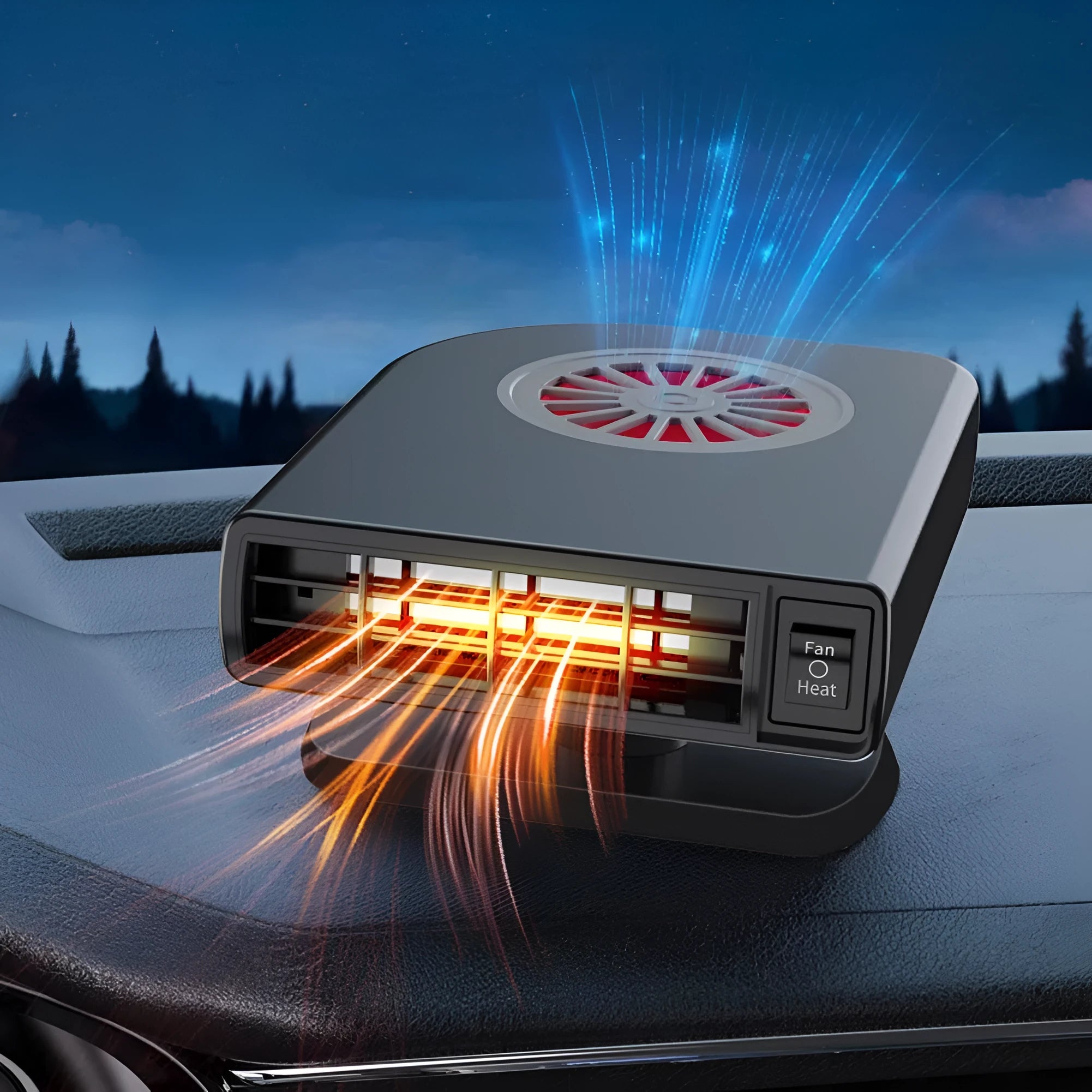 Compact black vehicle-mounted heater for car defrosting with adjustable airflow direction