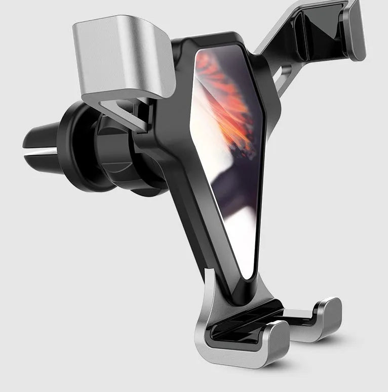 Universal car air vent phone mount in elegant black, fitting 66-84mm wide smartphones, rechargeable, with silicone and alloy construction.