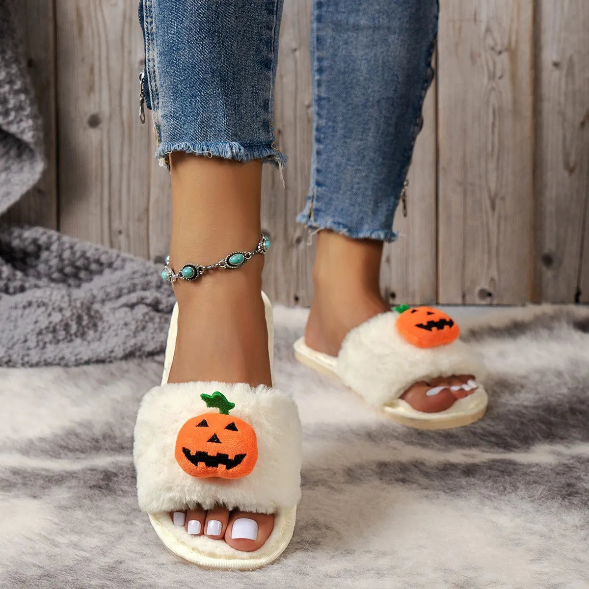 Yellow pumpkin cartoon design women's plush slippers with synthetic fur and open toe