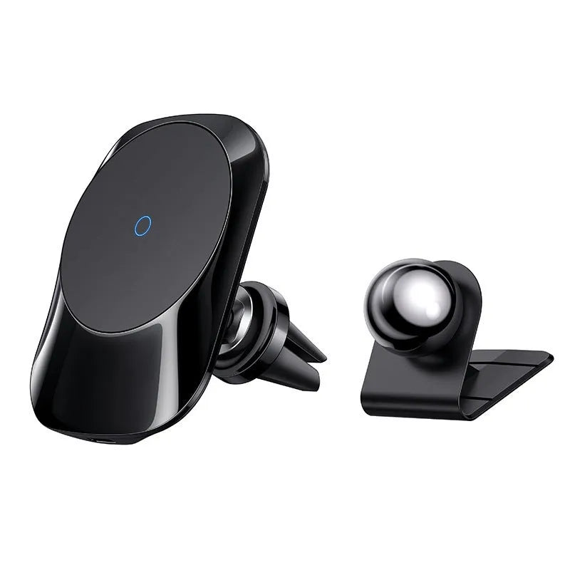 Black magnetic car wireless charging stand mounted on car dashboard with phone attached