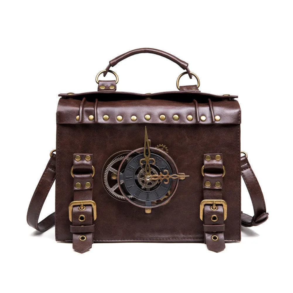 Bronze steampunk industrial retro shoulder bag with metal accents and square pillow shape
