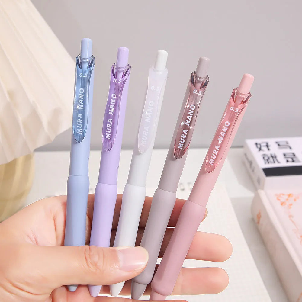 Macaron colour student gel pen with 0.5mm metal tip and press mechanism in smoked brown, powder and white options