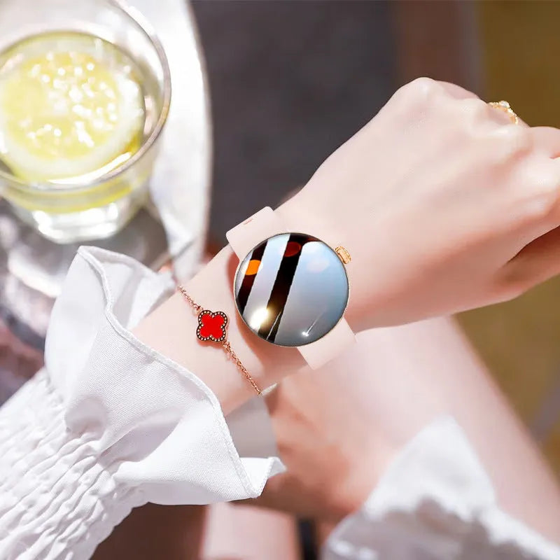 Women's smart watch with circular colour screen and metal strap showing health monitoring interface