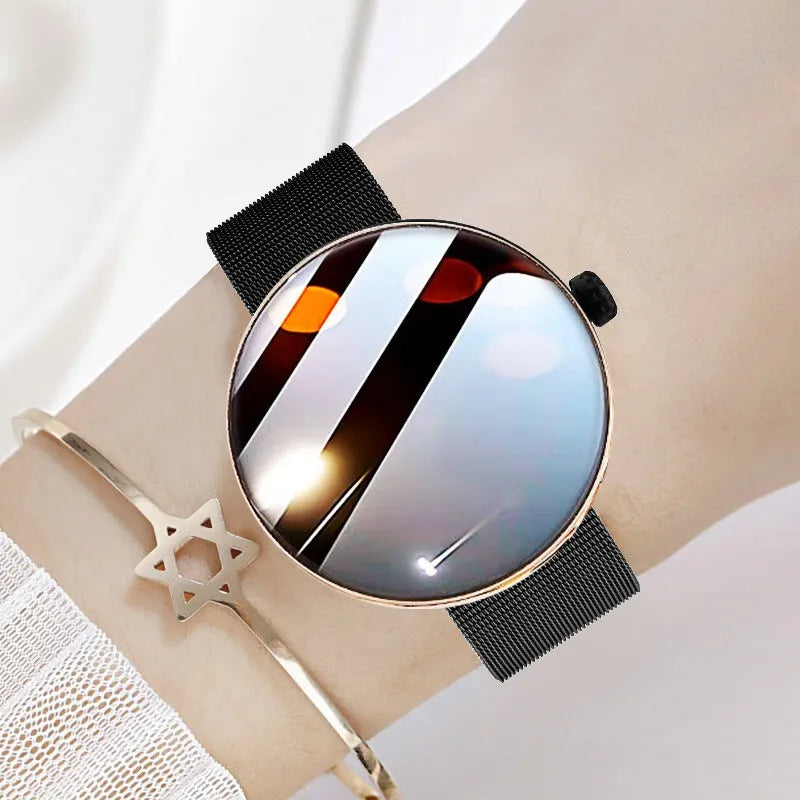 Women's smart watch with circular colour screen and metal strap showing health monitoring interface