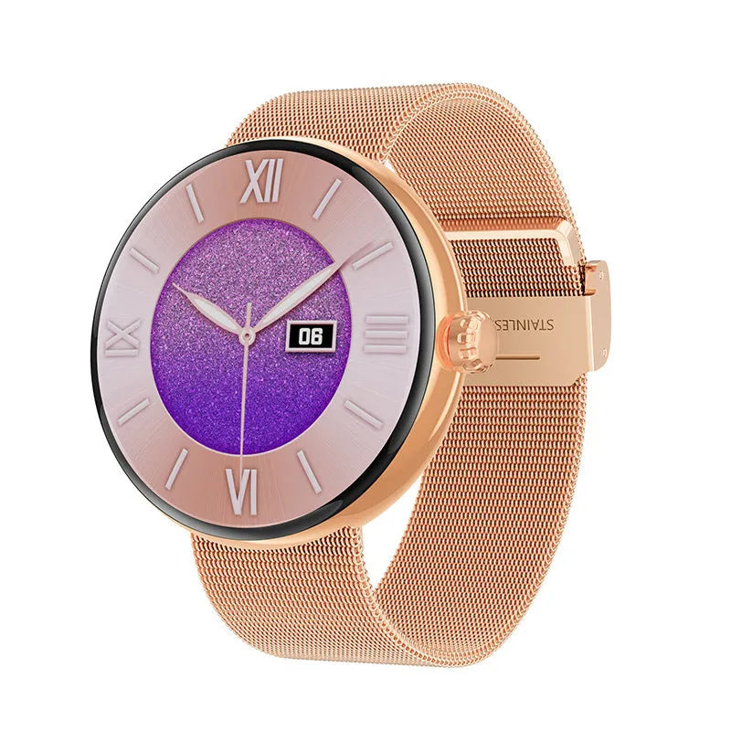 Women's smart watch with circular colour screen and metal strap showing health monitoring interface