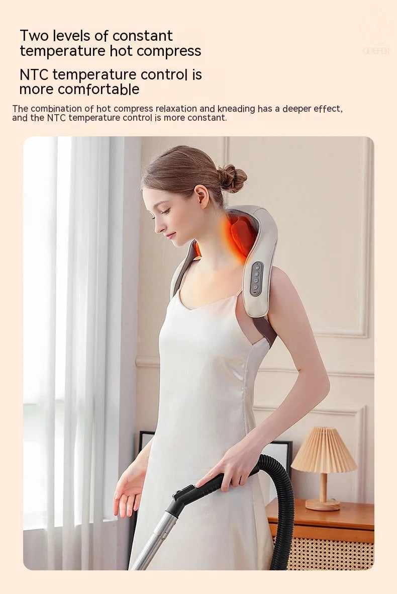 Milky white rechargeable shoulder and neck massager with infrared physiotherapy function