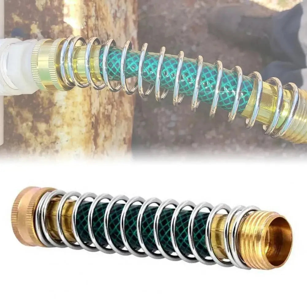 Brass garden hose connector with spiral spring to prevent kinks, showing 3/4 inch threaded ends
