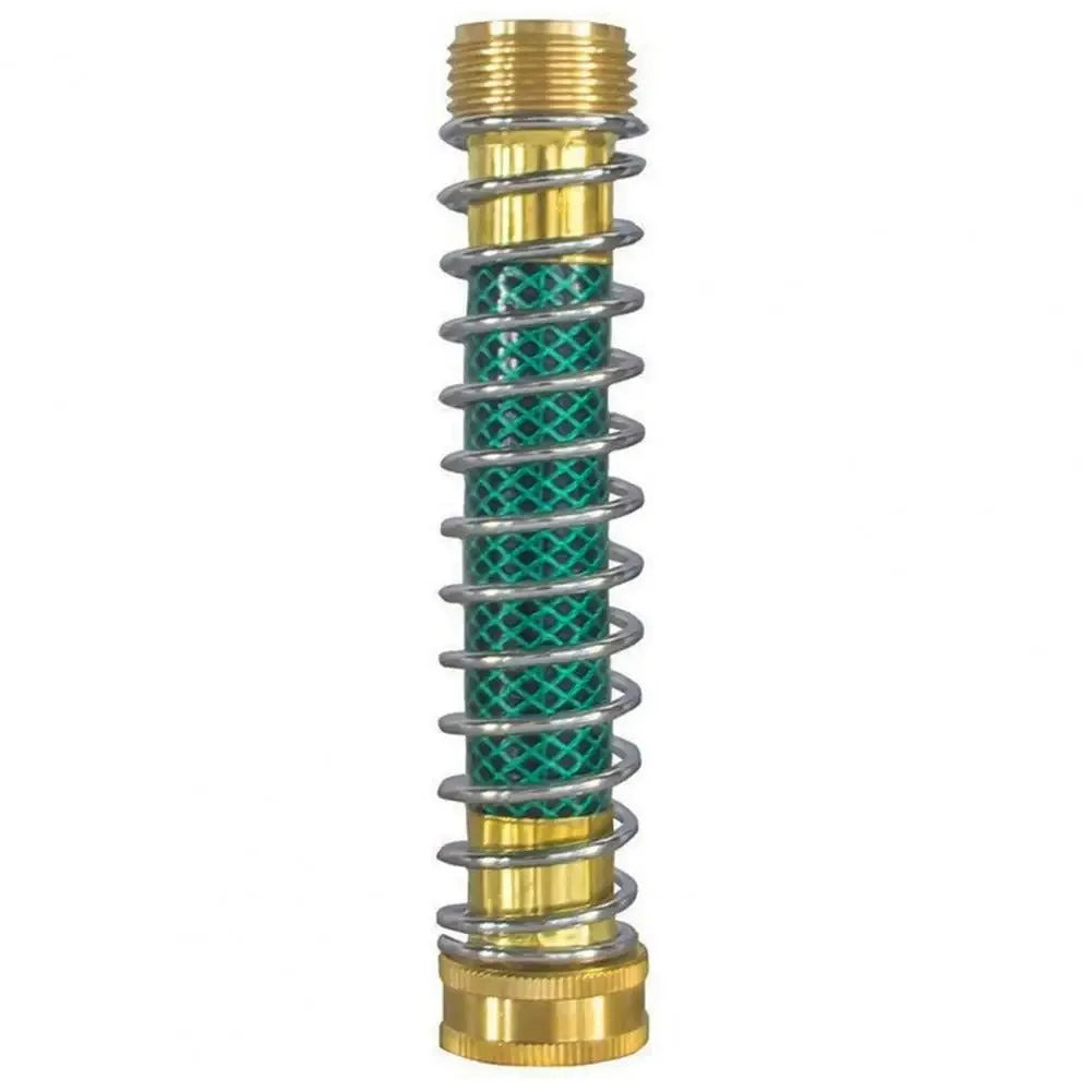 Brass garden hose connector with spiral spring to prevent kinks, showing 3/4 inch threaded ends