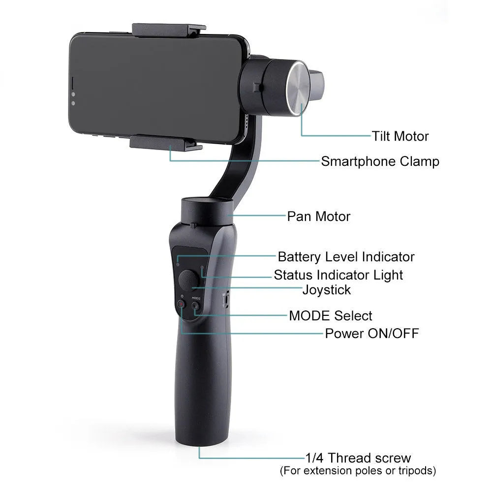 Black 3-axis handheld smartphone gimbal stabiliser with rotation adjustment controls