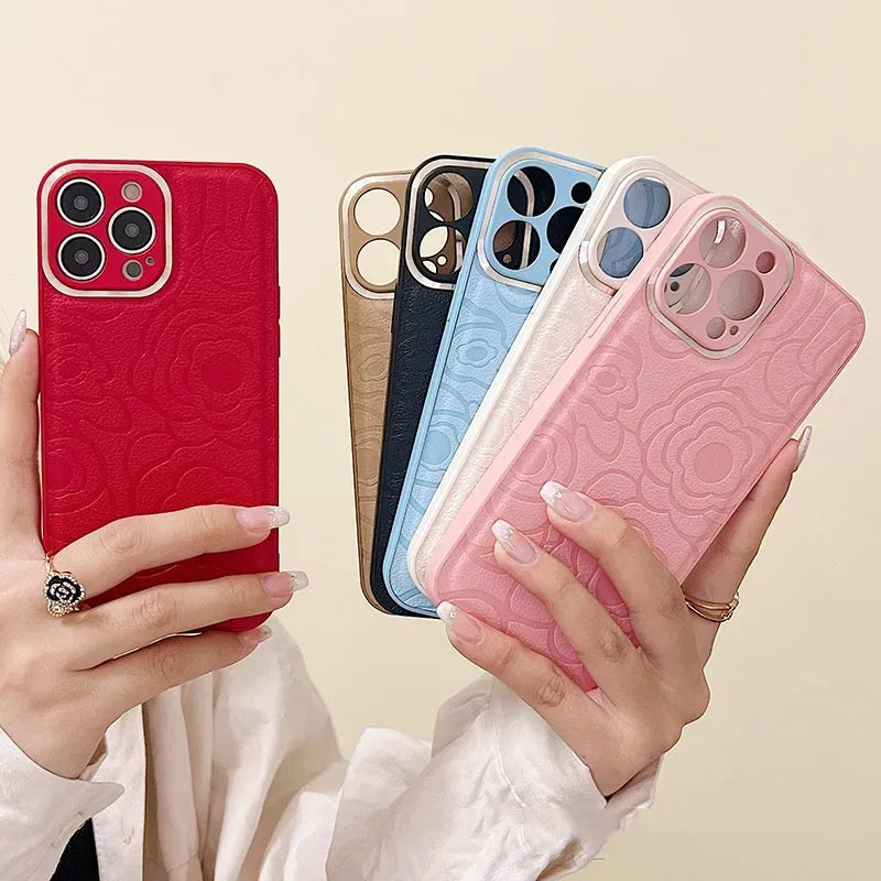 Camellia leather pattern phone case for iPhone 11-15, showing decorative design and protective shell.