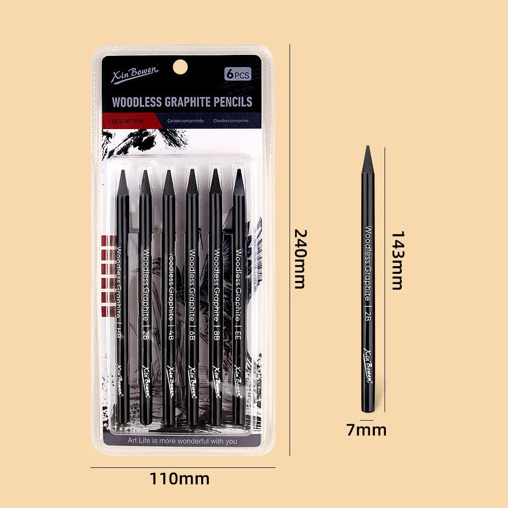 Set of six graphite sketching pencils with HB, 2B, 4B, 6B, 8B, and EE grades for art drawing