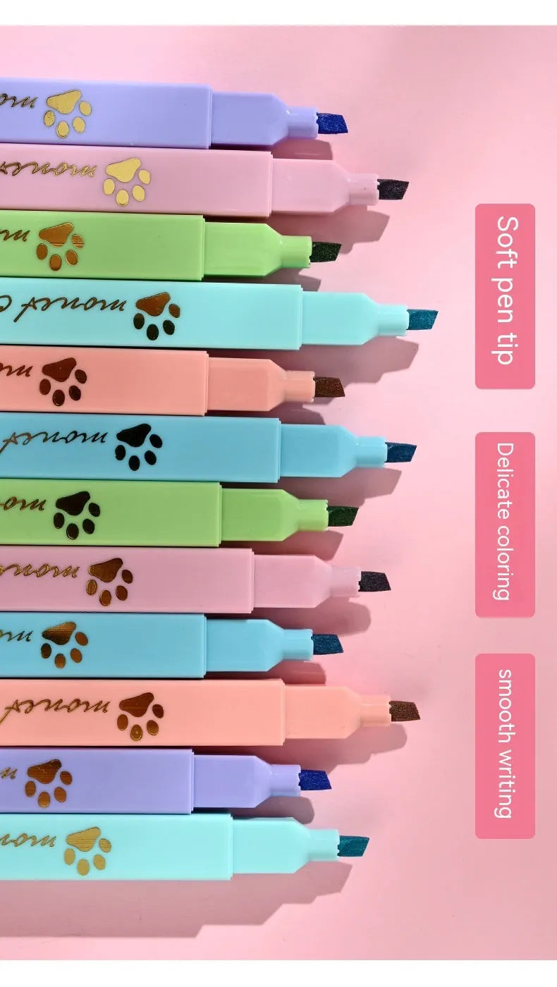 Box of six Cat's Paw fluorescent marking pens with oblique tips in assorted colours for office and school use.