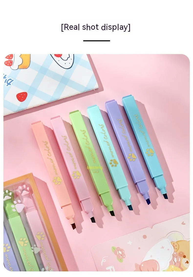 Box of six Cat's Paw fluorescent marking pens with oblique tips in assorted colours for office and school use.