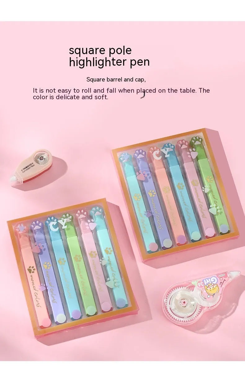 Box of six Cat's Paw fluorescent marking pens with oblique tips in assorted colours for office and school use.