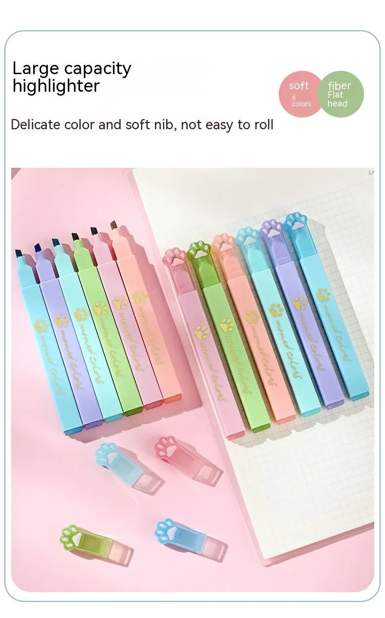 Box of six Cat's Paw fluorescent marking pens with oblique tips in assorted colours for office and school use.