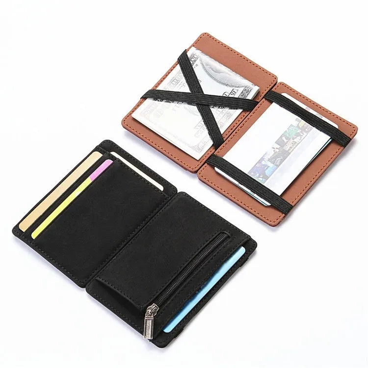 PU leather magic wallet with flip card holder and zipper coin compartment in multiple colour options