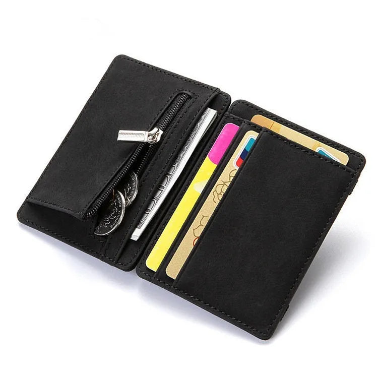 PU leather magic wallet with flip card holder and zipper coin compartment in multiple colour options