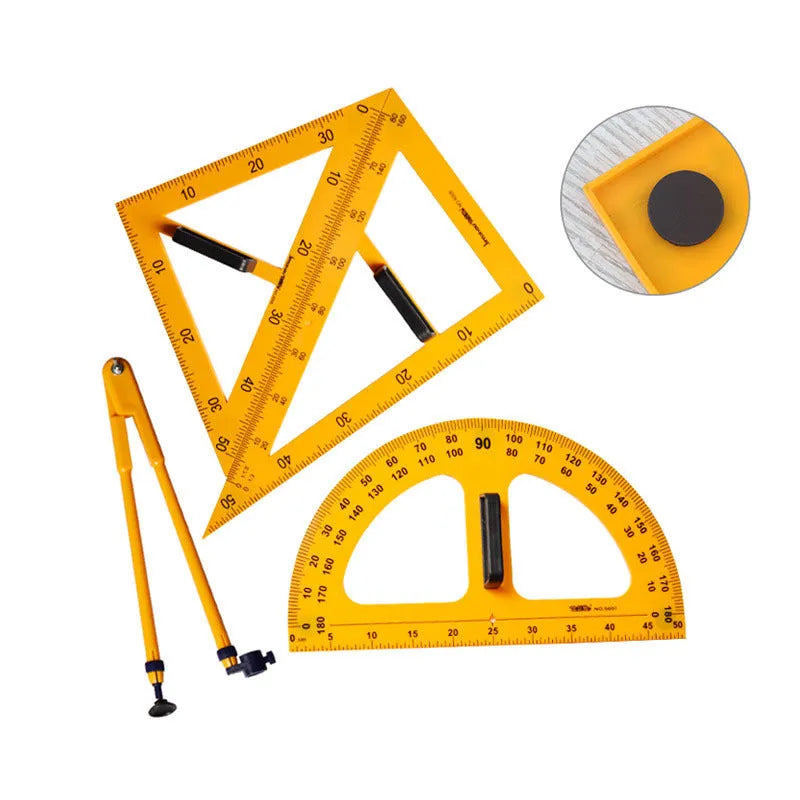 Orange and black plastic triangle ruler and protractor set with chalk compass for mathematics teaching