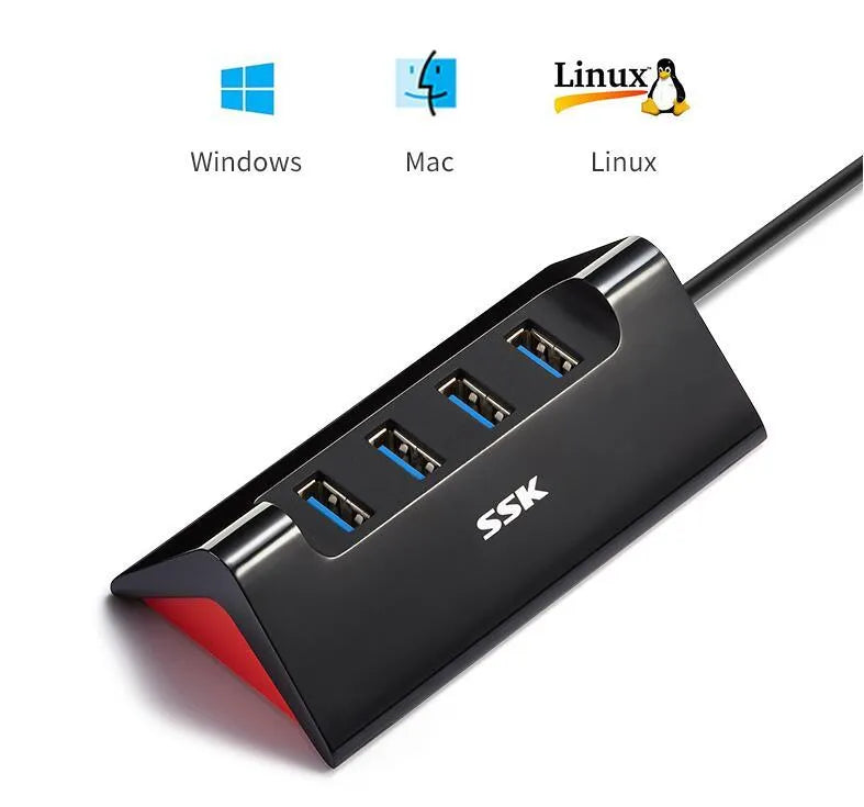 Black USB expansion dock with four USB ports and Micro USB power connection