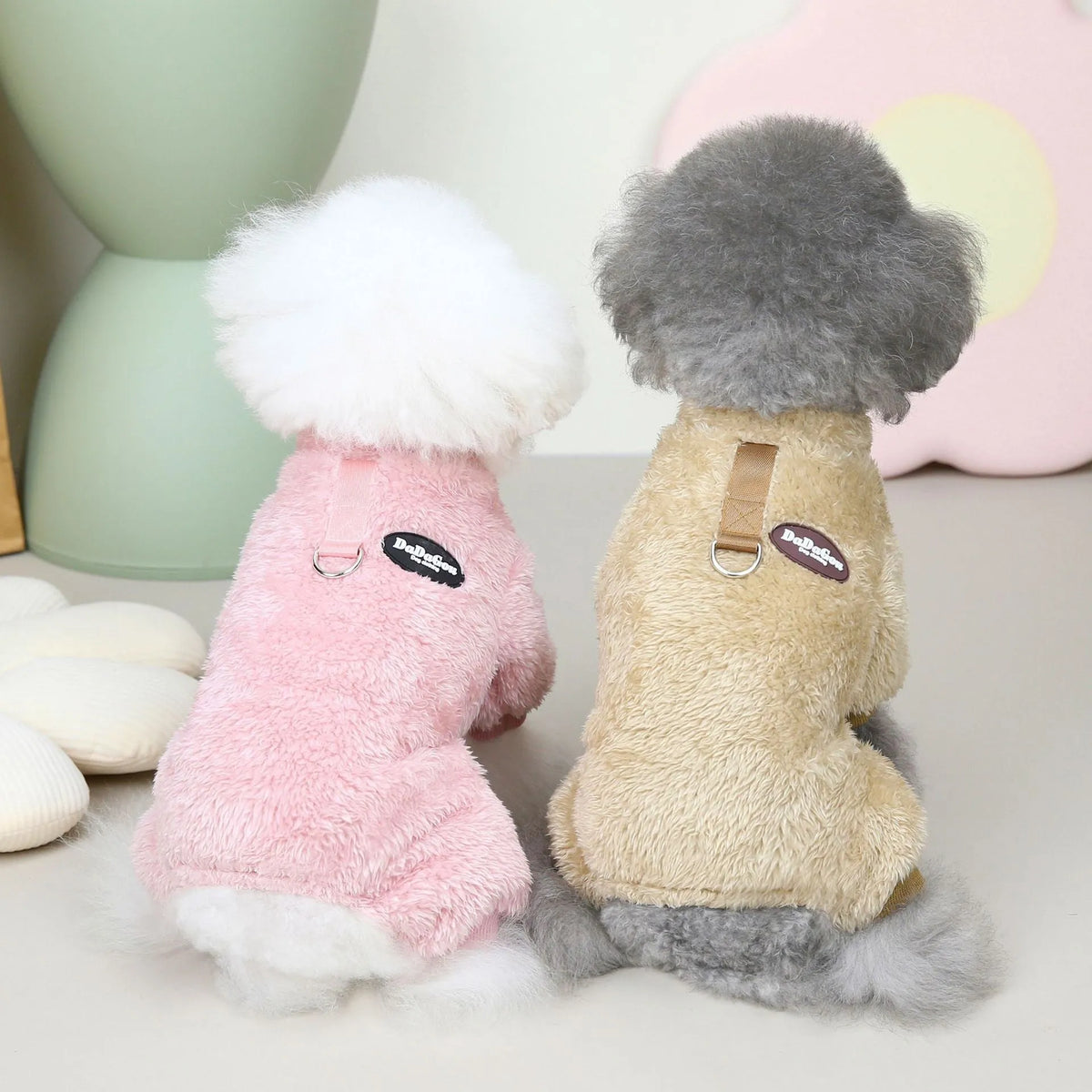 Small dog coral fleece four-leg fluffy coat in brown, pink or gray, sizes S to XXL