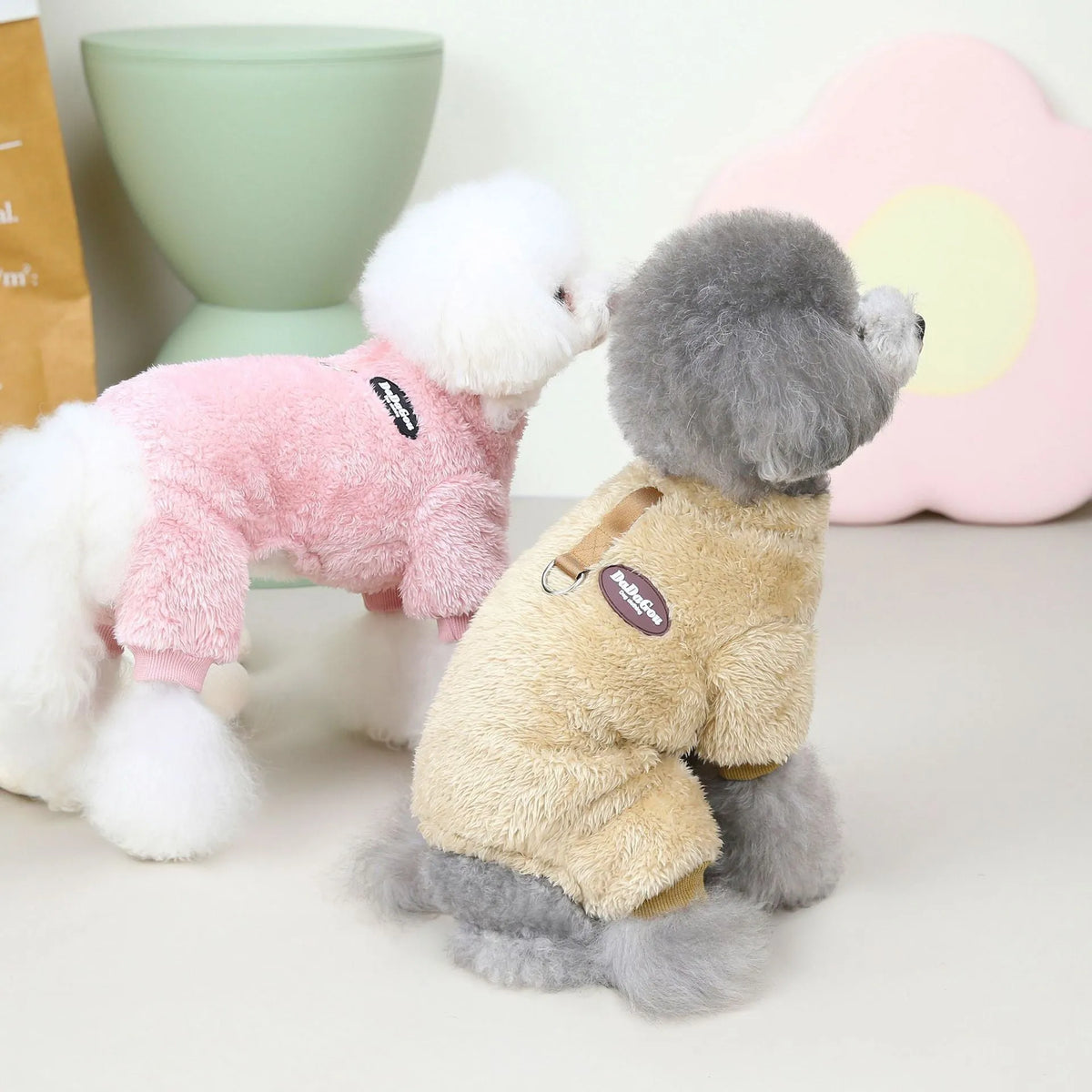 Small dog coral fleece four-leg fluffy coat in brown, pink or gray, sizes S to XXL