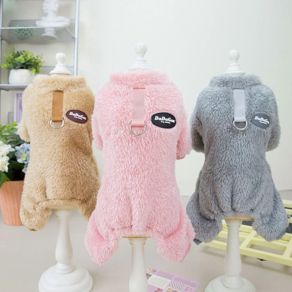 Small dog coral fleece four-leg fluffy coat in brown, pink or gray, sizes S to XXL