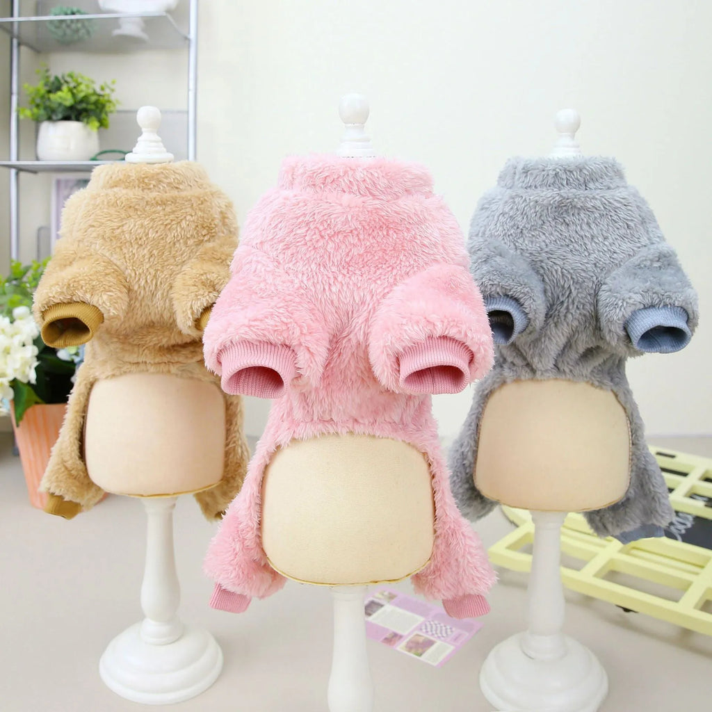 Small dog coral fleece four-leg fluffy coat in brown, pink or gray, sizes S to XXL