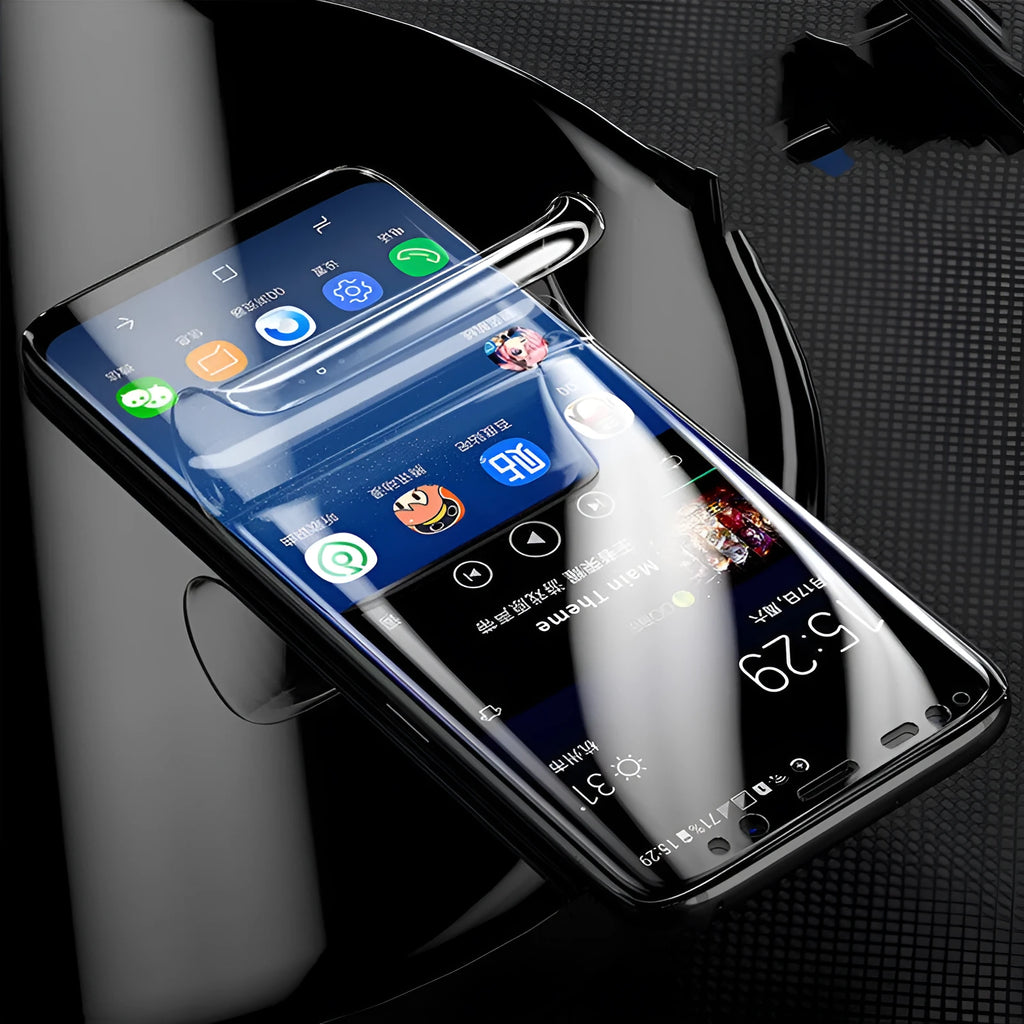 Purple curved hydrogel screen protector for Samsung Galaxy phones with matte finish