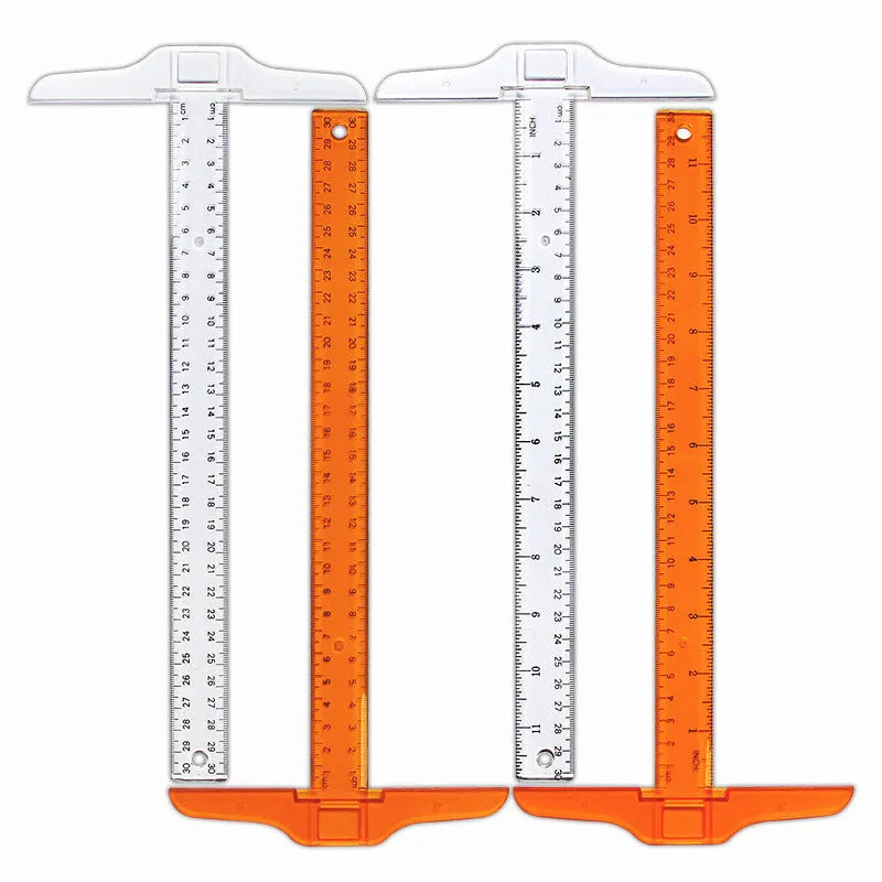Transparent T-shaped plastic ruler with measurement scales for technical drawing