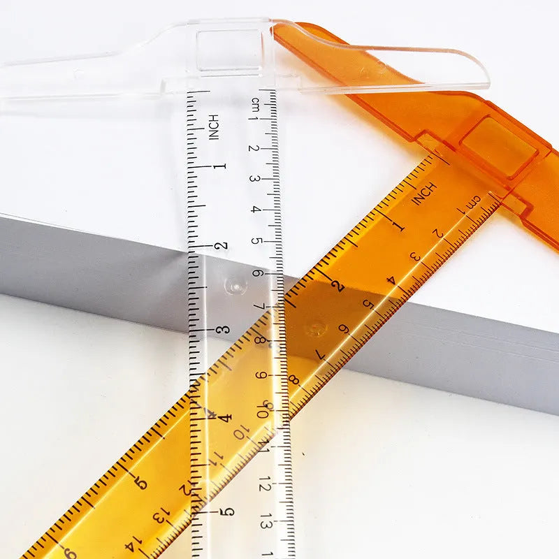 Transparent T-shaped plastic ruler with measurement scales for technical drawing