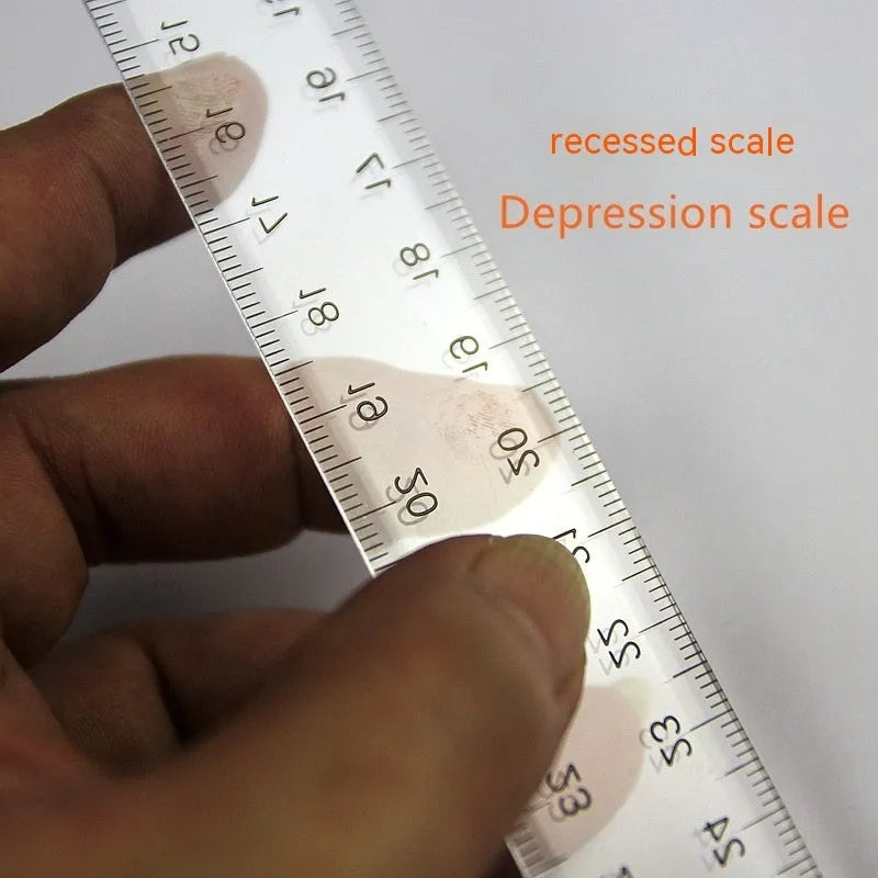 Transparent T-shaped plastic ruler with measurement scales for technical drawing