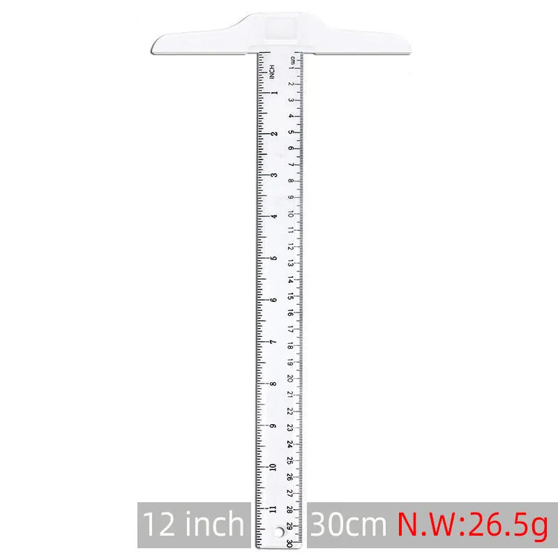 Transparent T-shaped plastic ruler with measurement scales for technical drawing