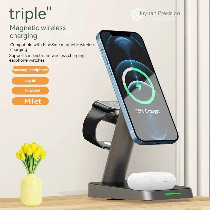 Black minimalist three-in-one wireless charging station with phone stand and watch pad, 10000mAh power bank