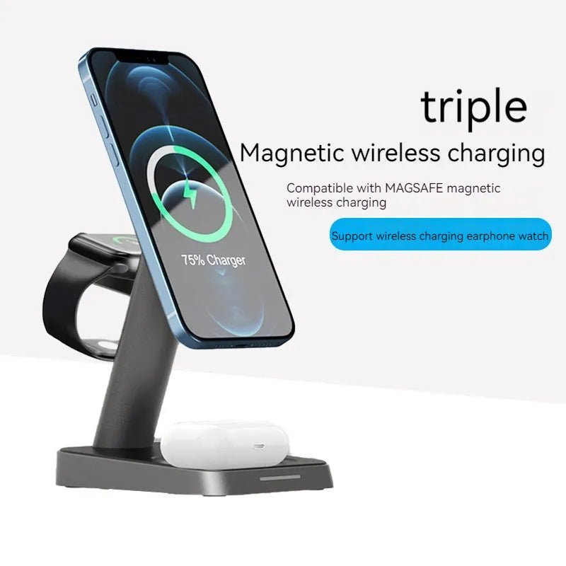 Black minimalist three-in-one wireless charging station with phone stand and watch pad, 10000mAh power bank