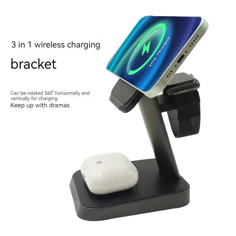 Black minimalist three-in-one wireless charging station with phone stand and watch pad, 10000mAh power bank