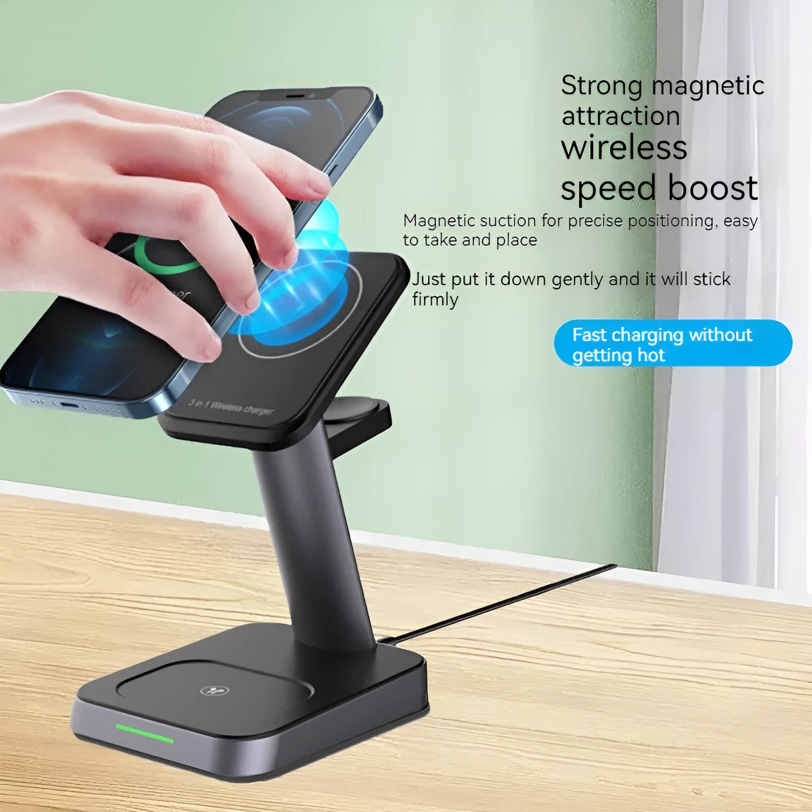Black minimalist three-in-one wireless charging station with phone stand and watch pad, 10000mAh power bank