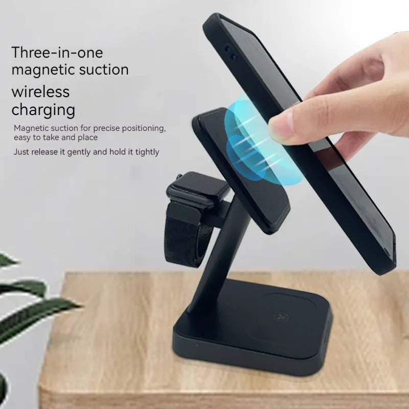 Black minimalist three-in-one wireless charging station with phone stand and watch pad, 10000mAh power bank