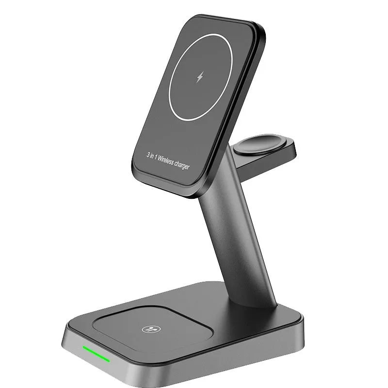Black minimalist three-in-one wireless charging station with phone stand and watch pad, 10000mAh power bank