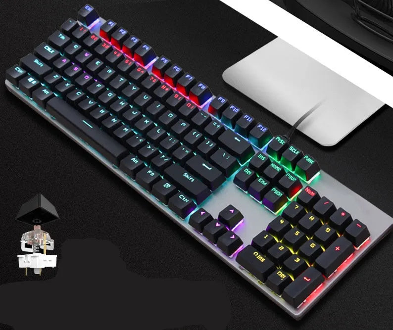 GK410 mechanical keyboard with green switches and metal construction showing full 104-key layout