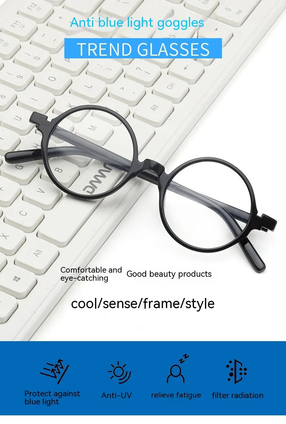 Artistic retro round glasses flat lens spectacles in bright black, sand black, tofu pudding and transparent grey frames