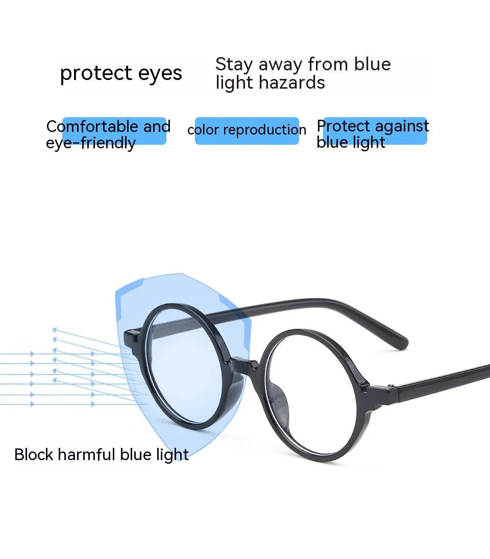 Artistic retro round glasses flat lens spectacles in bright black, sand black, tofu pudding and transparent grey frames