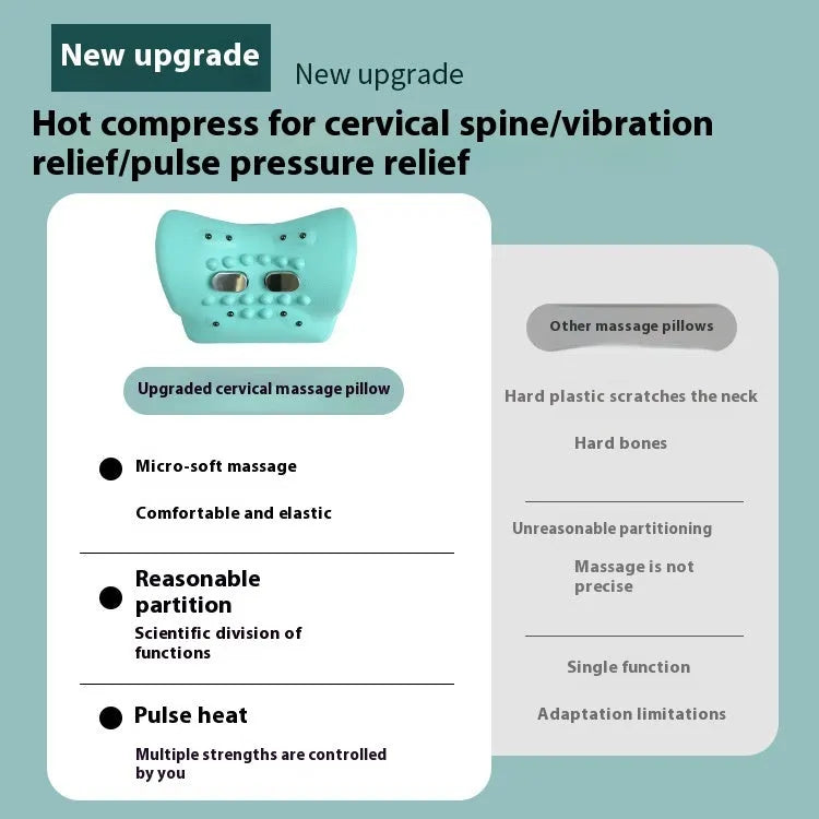 Blue-green cervical spine massage pillow showing portable 17cm design with EMS pulse massage and heat therapy functions