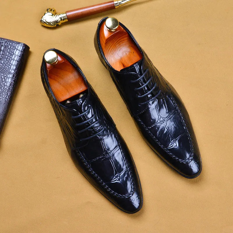 Men's black alligator pattern leather shoes with horse bit buckle and rubber sole